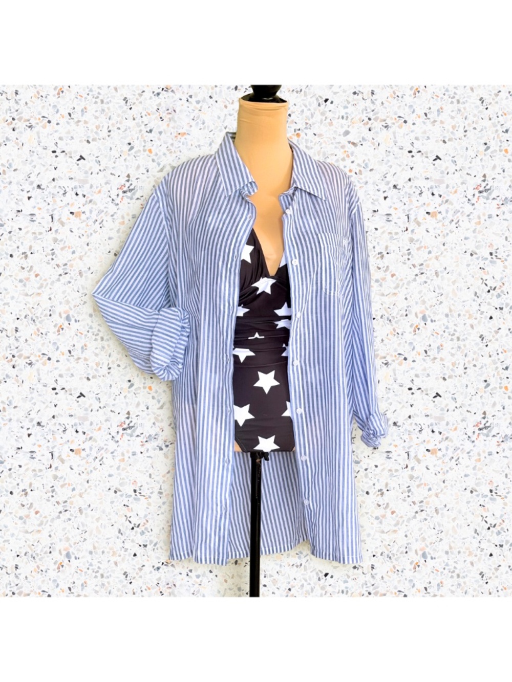 LRL Preppy Coastal 100% Cotton Striped Swim Cover Up Button Down Shirt XXL NWT